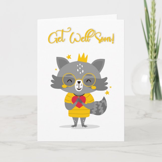Get Well Soon Cute Cartoon Racoon Greeting Card (Front)