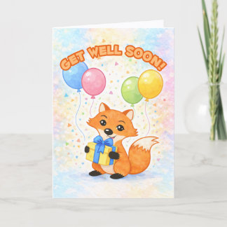 Get Well Soon! Cute fox with balloons and a gift. Card