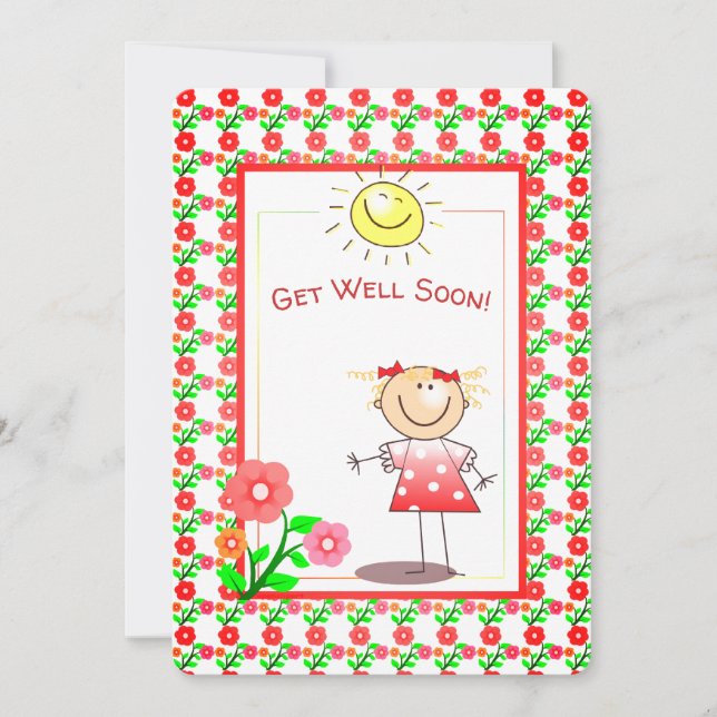 Get Well Soon Cute Girl And Sunshine Card (Front)