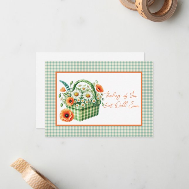  Get Well Soon Flower Basket Green Gingham Card (Front/Back In Situ)