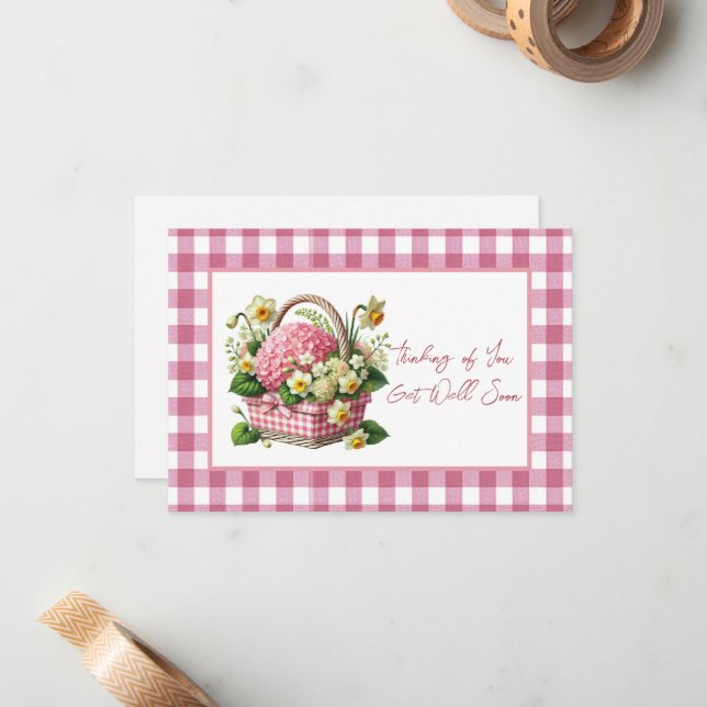  Get Well Soon Flower Basket Pink Gingham Card (Front/Back In Situ)