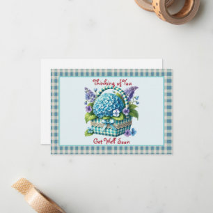 Get Well Soon Flower Basket Turquoise Gingham Card