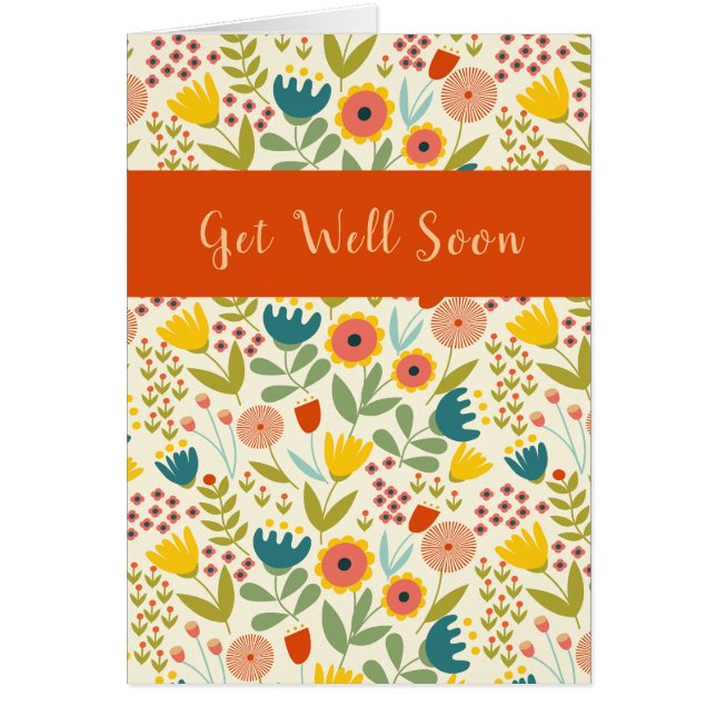 Get Well Soon Folk Art Floral Greeting (Front)