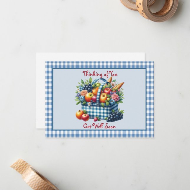  Get Well Soon Fruit Basket Blue Gingham Card (Front/Back In Situ)