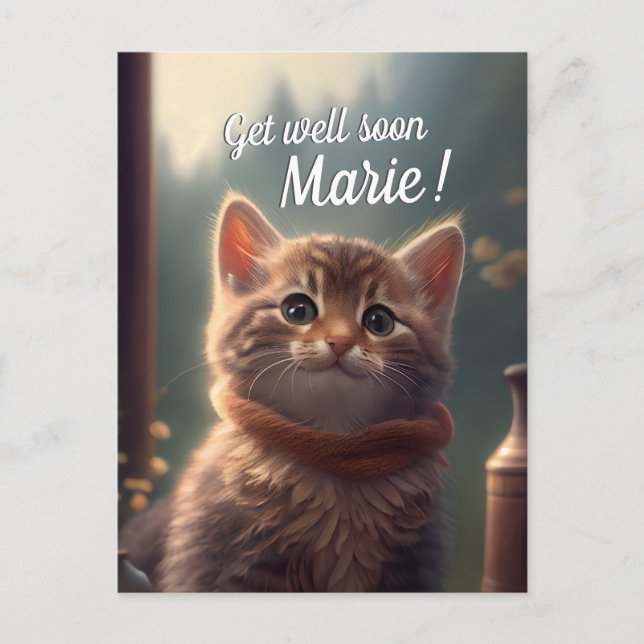 Get Well Soon Kitten With Scarf, customisable Postcard (Front)