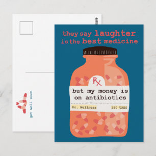 Get Well Soon Laughter vs Antibiotics CUSTOM Postcard