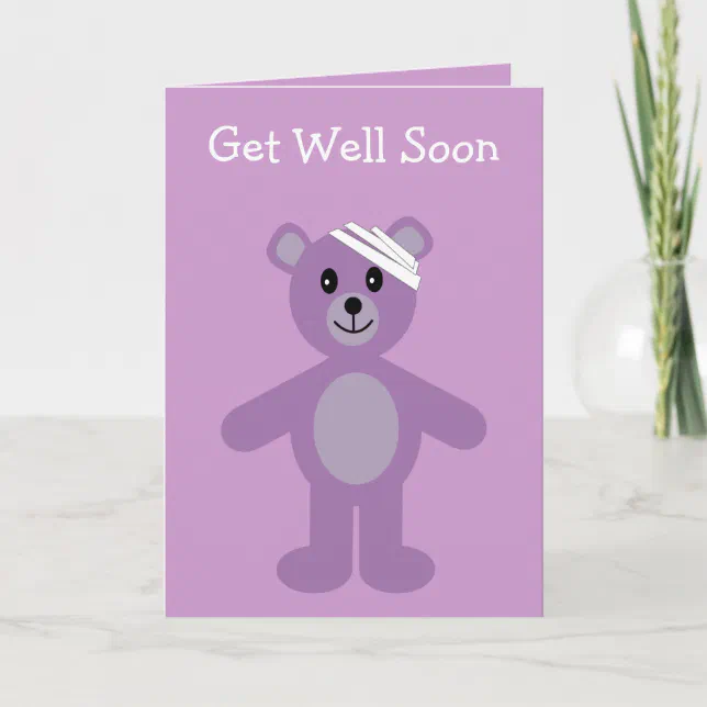 Get Well Soon lilac cartoon teddy bear card | Zazzle