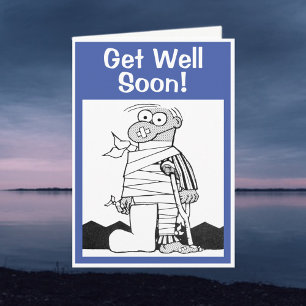 Get Well Soon - Man with Bandages on Crutches Card