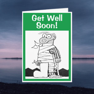 Get Well Soon - Man with Bandages on Crutches Card