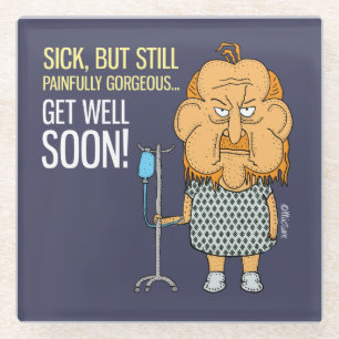 Get Well Soon old man cartoon dark blue Glass Coaster