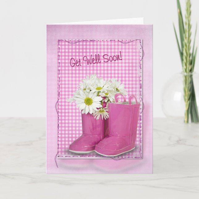 Get Well Soon pink boots and daisies Card (Front)
