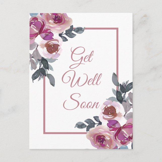 Get Well Soon Pink Watercolor Floral  Postcard (Front)