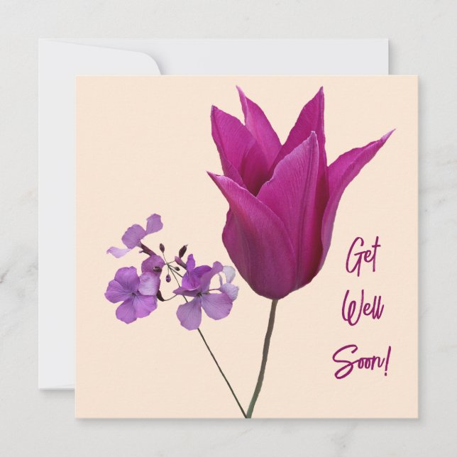 Get well soon pretty pink tulip purple floral fun holiday card (Front)