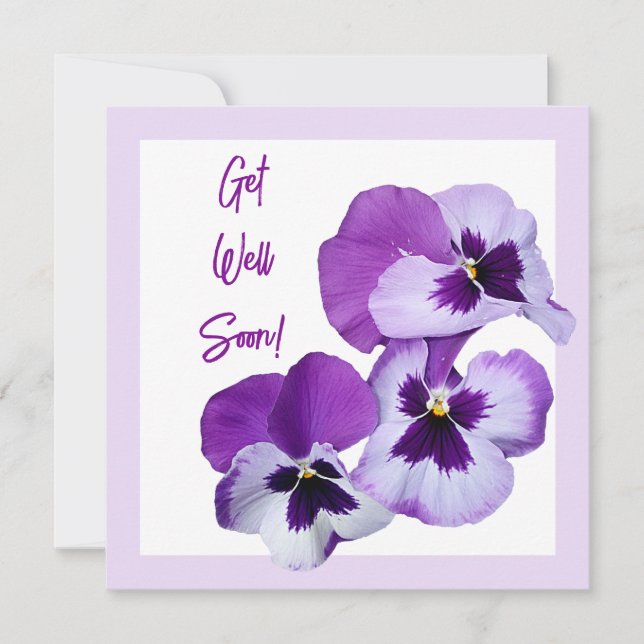 Get well soon pretty purple pansy floral love card (Front)