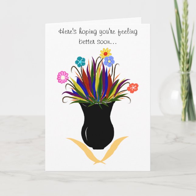 Get Well Soon Pretty Vase Colourful Flowers Card (Front)