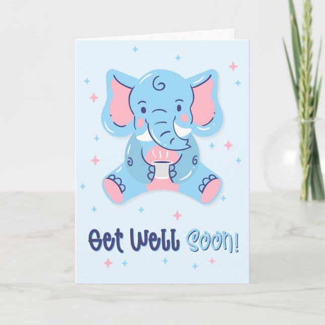 Get Well Soon Sweet Blue Elephant Greeting Card (Front)