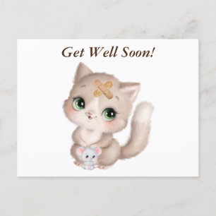 Get Well Soon Watercolor Kitten and Mouse Postcard