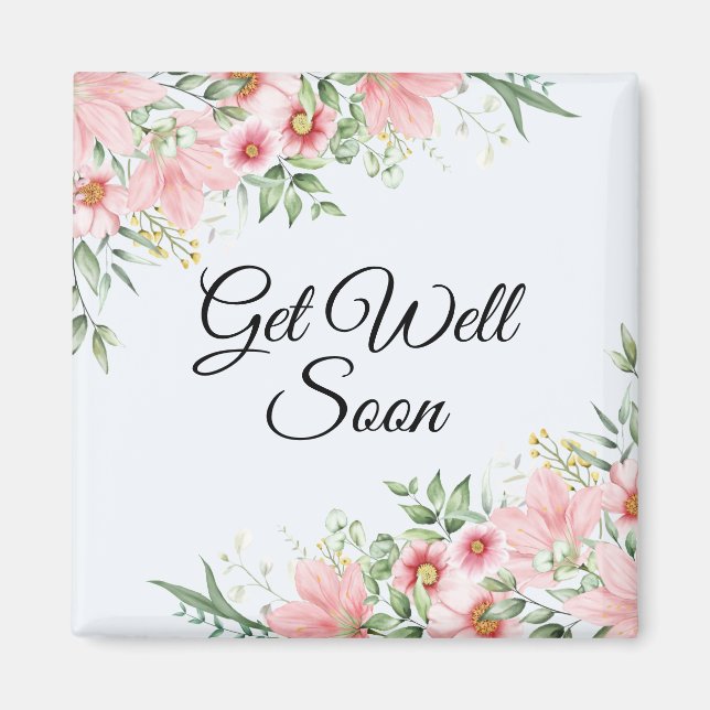 Get well soon, watercolor pink flowers spring magnet (Front)