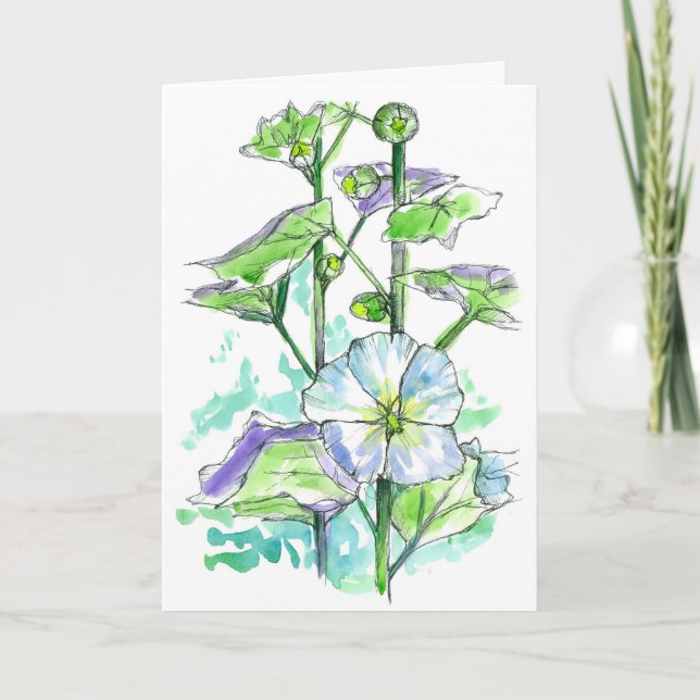 Get Well Soon White Hollyhocks Watercolor Flowers  Card (Front)