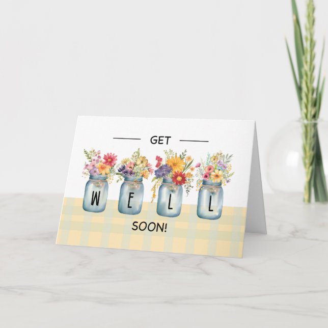 Get Well Soon Wildflowers in Mason Jar Vases Card (Front)