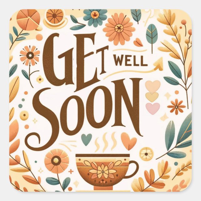 Get Well Soon with Flowers Square Sticker (Front)