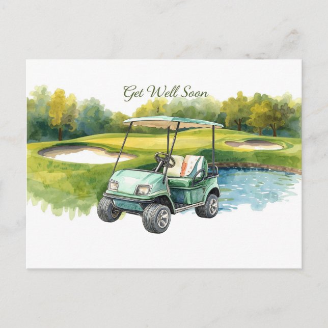 Get well soon with Golf Cart on green Postcard (Front)