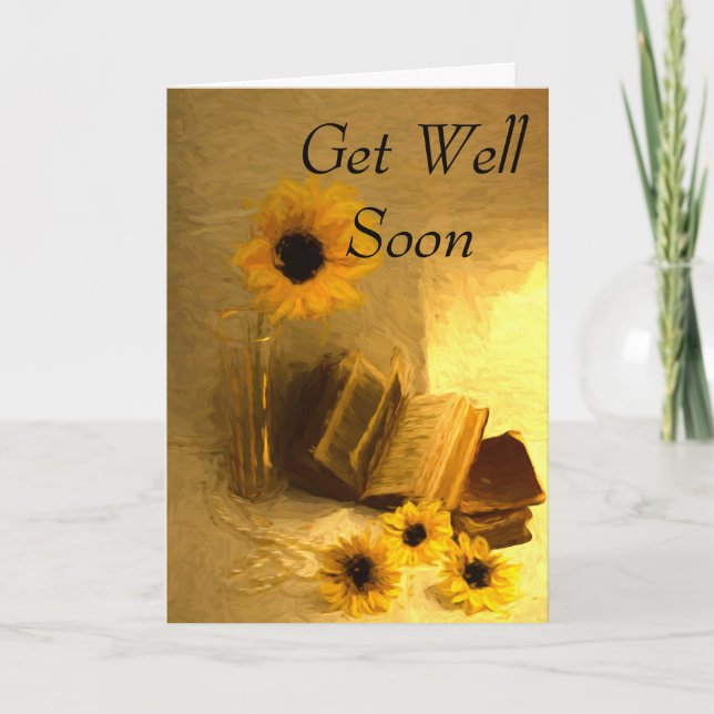 Get Well Soon with Sunflower and Books Holiday Card (Front)