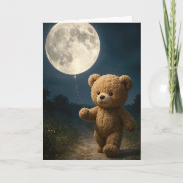 Get Well Teddy Bear With Moon Balloon Card (Front)