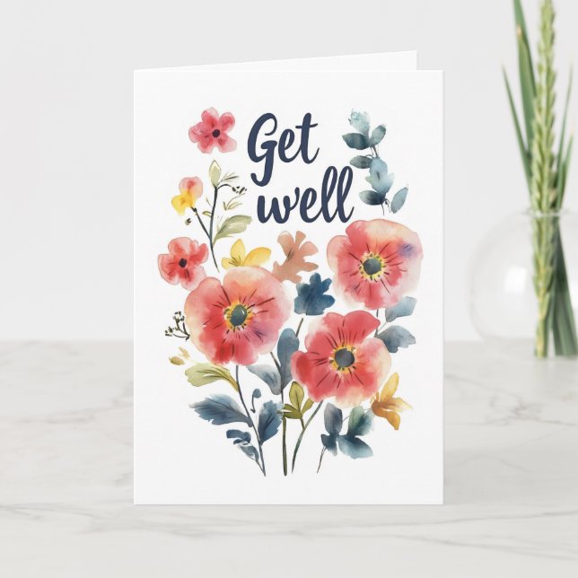 Get Well Watercolor Flower Poppies Holiday Card (Front)