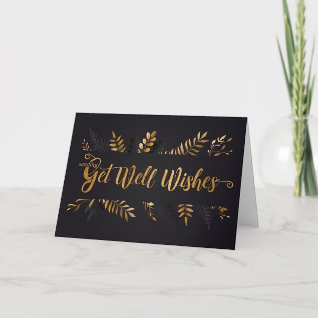 Get Well Wishes Black Gold Botanical Card (Front)