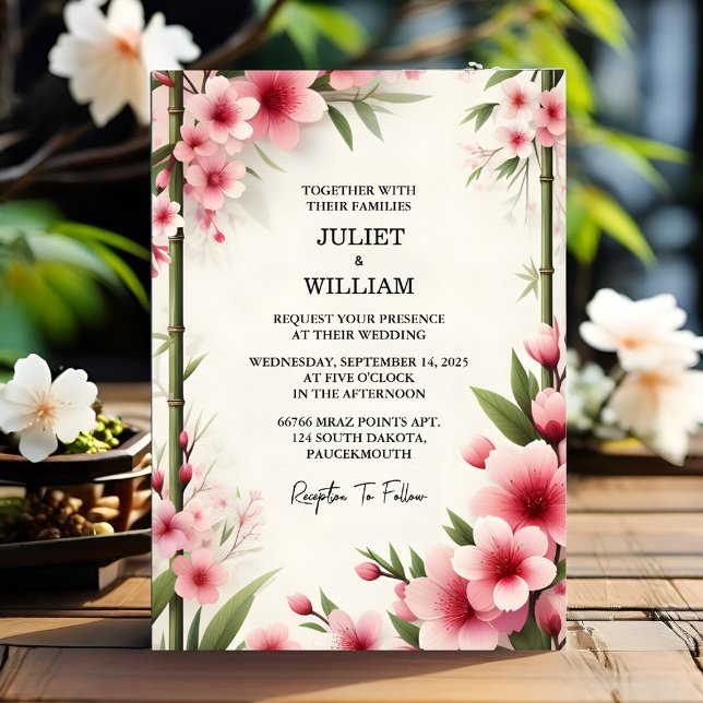 Get Wood Bamboo Pink Sakura Cherry Blossom Wedding Invitation (Creator Uploaded)