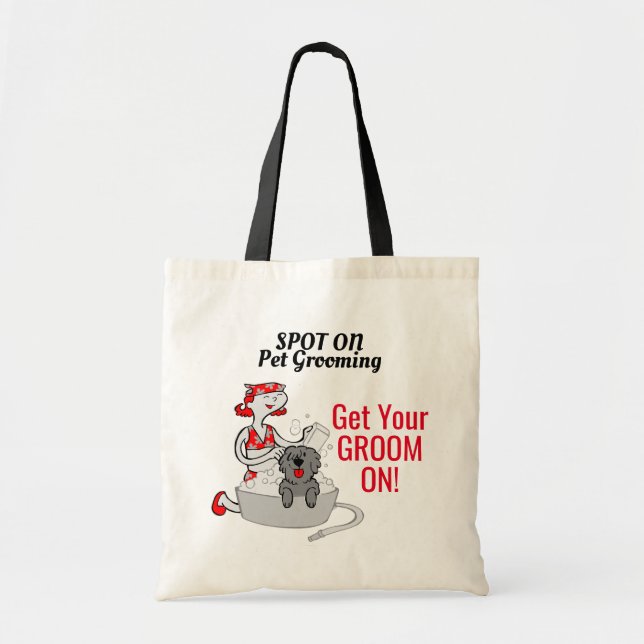 Get Your Groom On Pet Grooming Red and Black Tote Bag (Front)