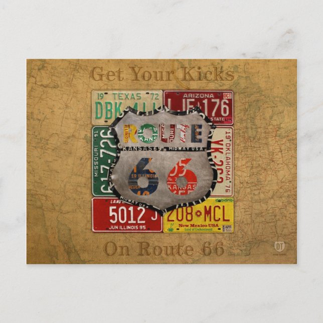 Get Your Kicks on Route 66 License Plate Art Postcard (Front)