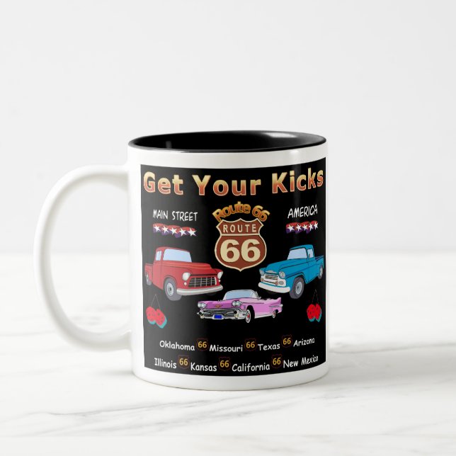 Get your kicks. Route 66 t-shirts and gifts Two-Tone Coffee Mug (Left)