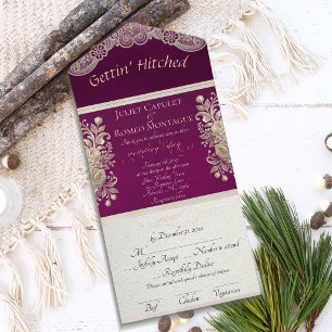 Gettin' Hitched Ribbon & Lace - Plum All In One Invitation