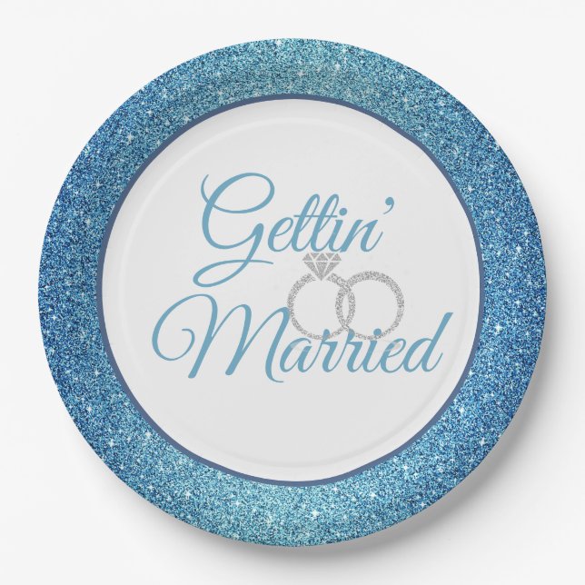 Gettin' Married Blue Glitter 9" Paper Plates (Front)