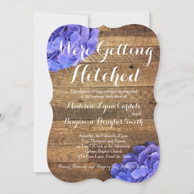 Getting Hitched Barn Wood Hydragea Wedding Invites (Front)