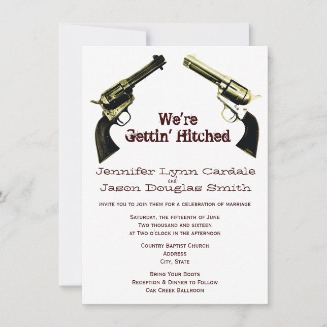 Getting Hitched Cowboy Guns Wedding Invitations (Front)