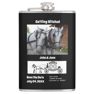 Getting Hitched Horse Wagon Photo Monogram Hip Flask