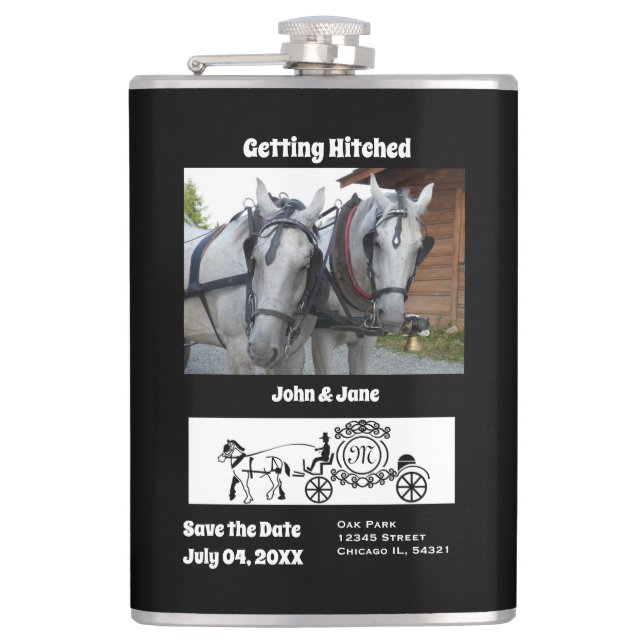 Getting Hitched Horse Wagon Photo Monogram Hip Flask (Front)