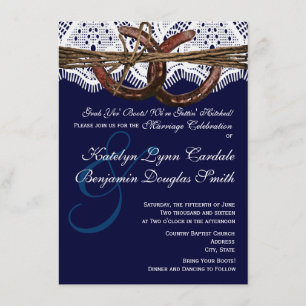 Getting Hitched Navy Horseshoe Wedding Invitations