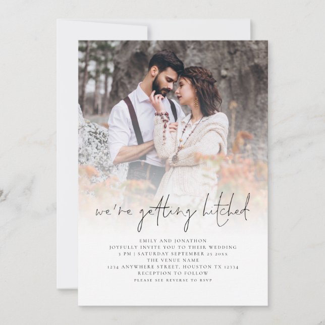 Getting Hitched QR Code Photo Overlay Wedding Invitation (Front)