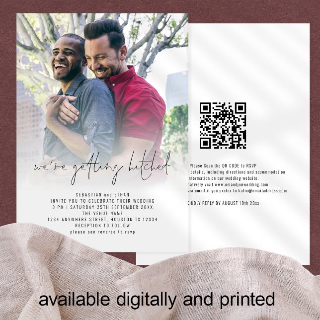 Getting Hitched QR Photo Overlay Gay Wedding Invitation (Creator Uploaded)