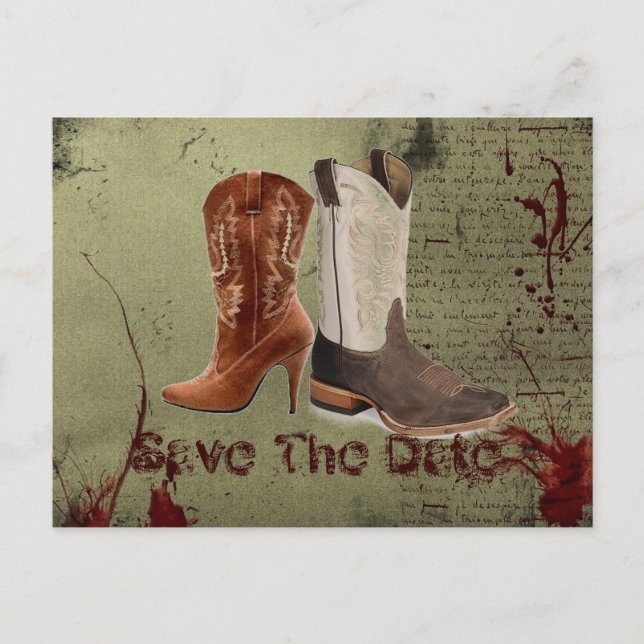 getting hitched western cowboy boots wedding announcement postcard (Front)