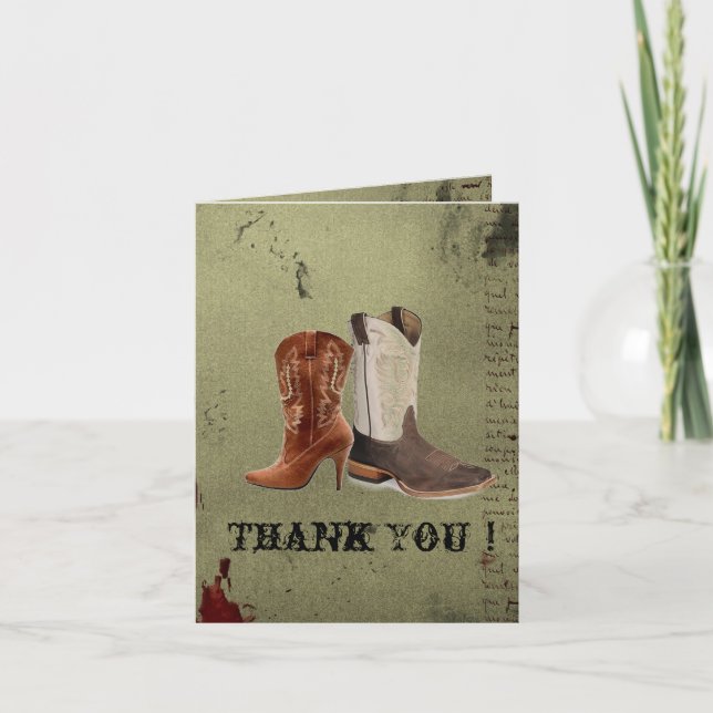 getting hitched western cowboy boots wedding thank you card (Front)