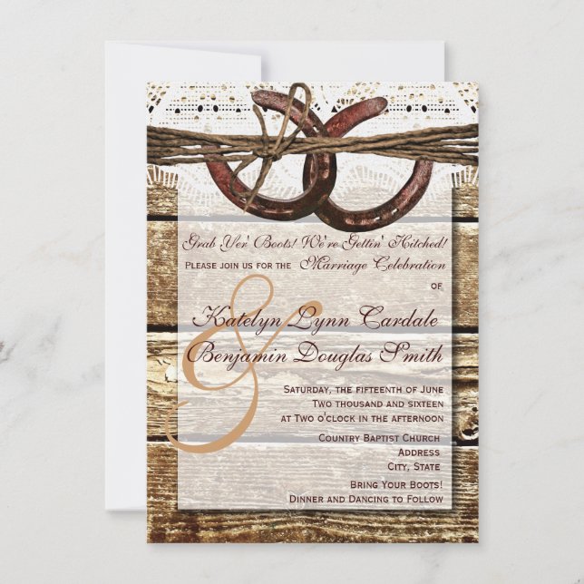 Getting Hitched Wood Horseshoes Wedding Invites (Front)