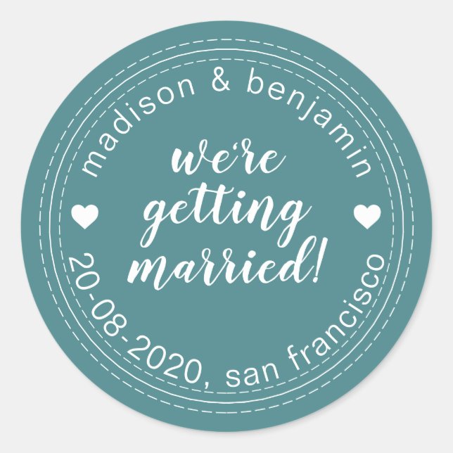 Getting Married Save the Date Dark Teal Classic Round Sticker (Front)