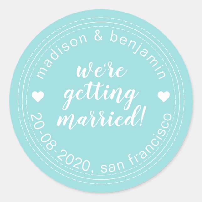 Getting Married Save the Date Turquoise Blue Classic Round Sticker (Front)