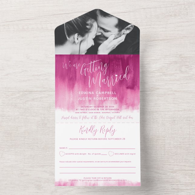Getting married wedding photo red pink rsvp text a all in one invitation (Inside)