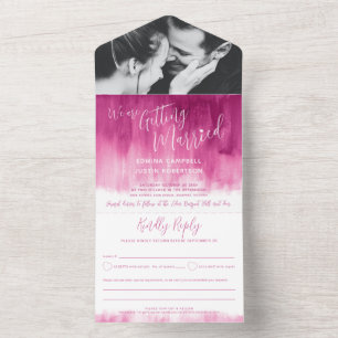 Getting married wedding photo red pink rsvp text  all in one invitation